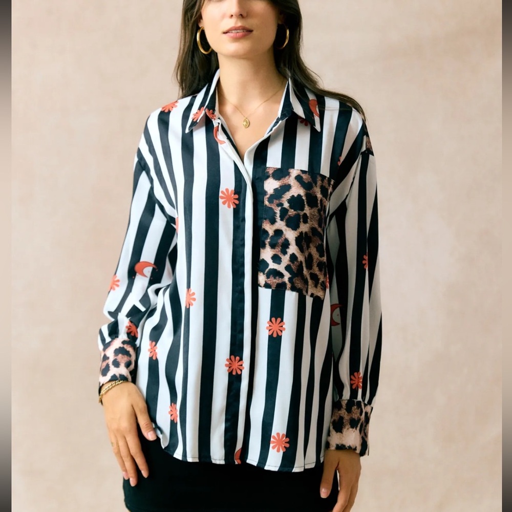 ShopEvelynne Black and White Striped Button Down Shirt - Picture 3 of 5